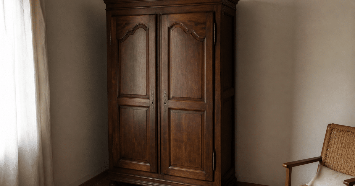 Armoire en bois massif avec porte fermee debout contre mur