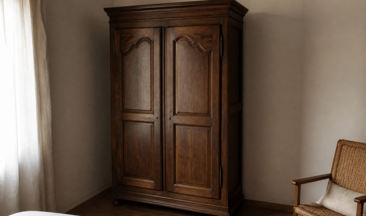 Armoire en bois massif avec porte fermee debout contre mur