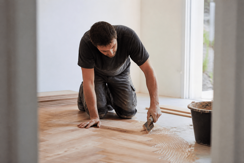 Artisan posant parquet bois sur sol avec outils professionnels