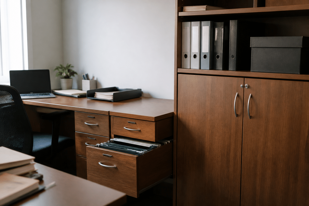 Bureau organisé avec tiroirs, classeurs suspendus et armoire de rangement