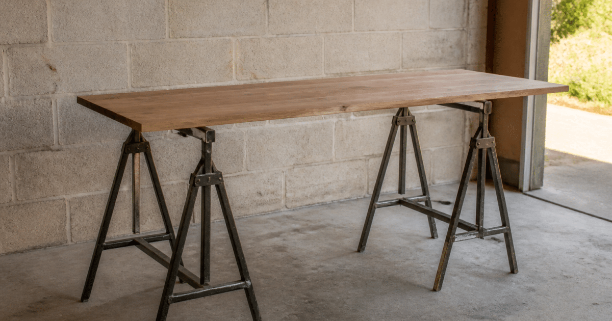 Plan de travail en bois posé sur deux tréteaux metalliques