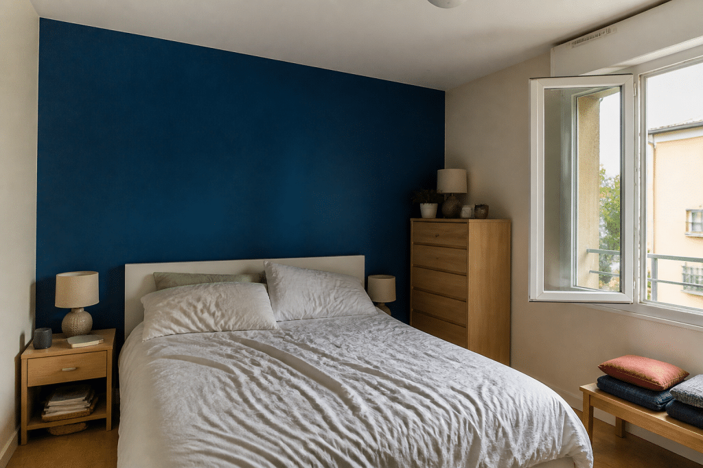 Chambre avec mur bleu profond et trois murs beige clair