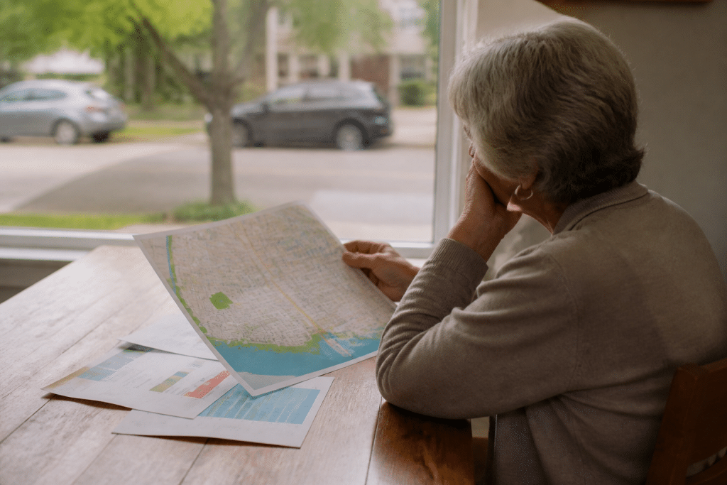 Resident reviewing neighborhood data with street view visible