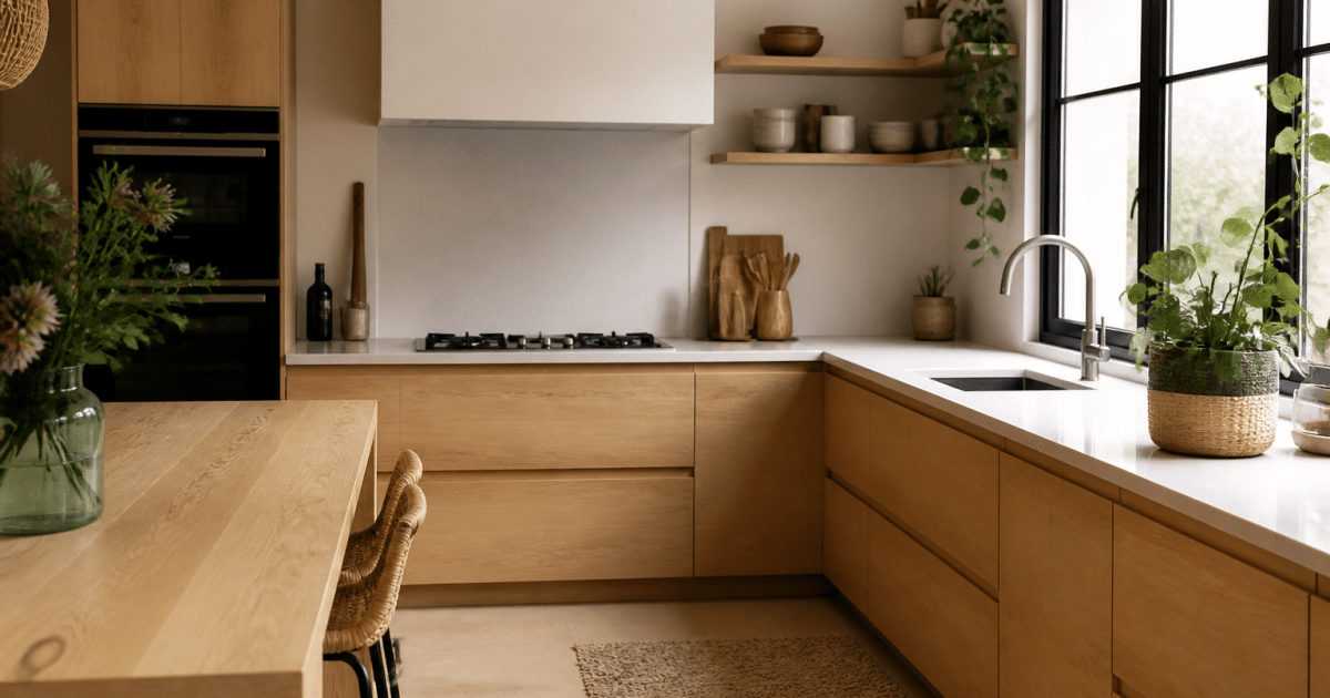 Cuisine en bois clair transformee avec elements modernes integres