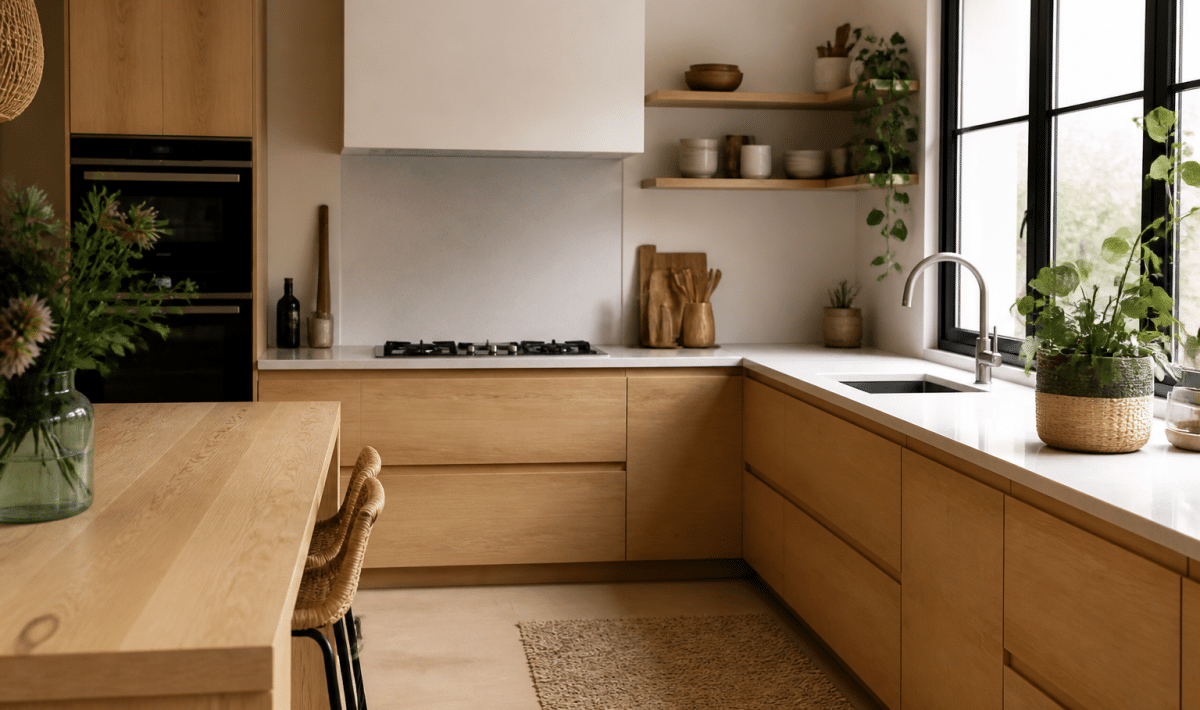Cuisine en bois clair transformee avec elements modernes integres