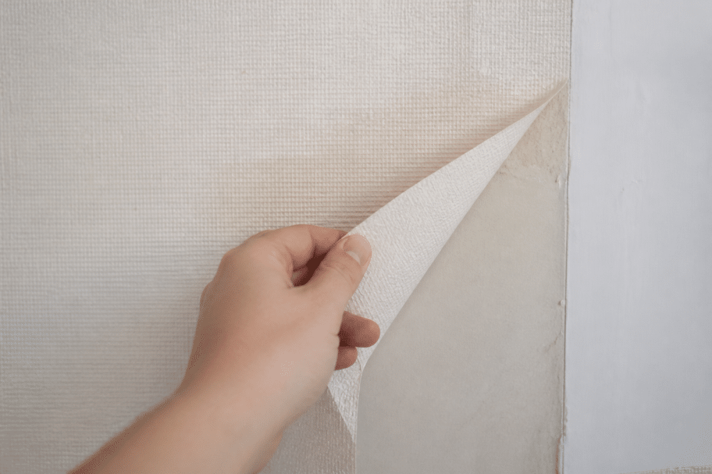 Main soulevant coin papier peint intissé blanc mur