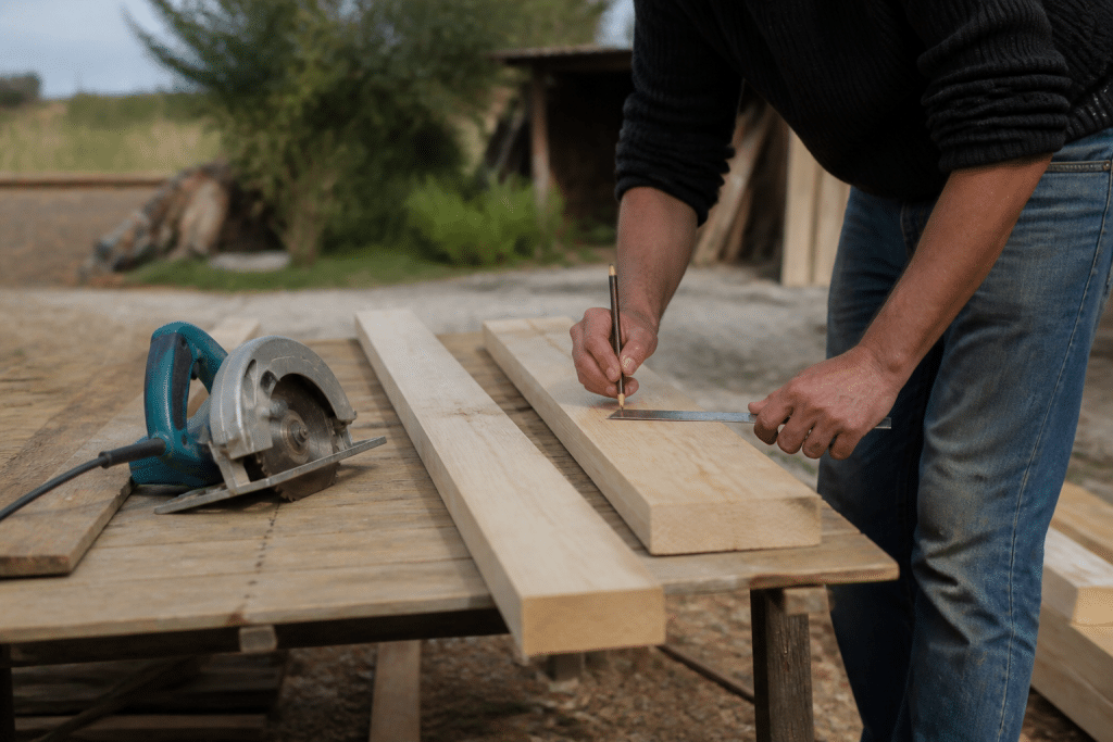 Planches de bois mesurees avec equerre et scie circulaire