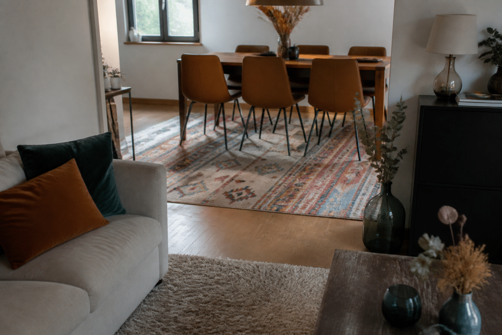 Tapis colorés séparant canapé et table à manger
