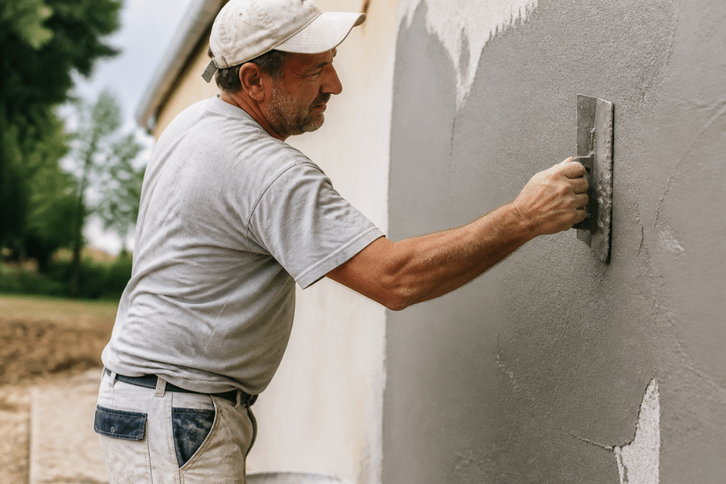 Maçon appliquant enduit gris sur facade extérieure avec truelle
