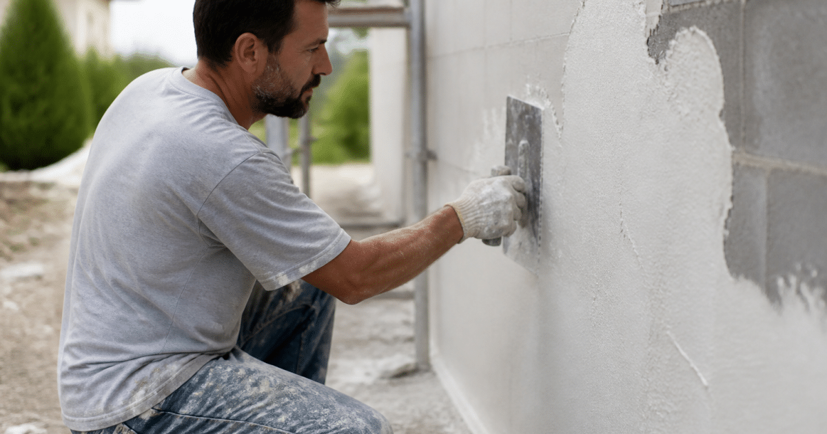 Ouvrier appliquant enduit blanc sur mur bloc beton vertical