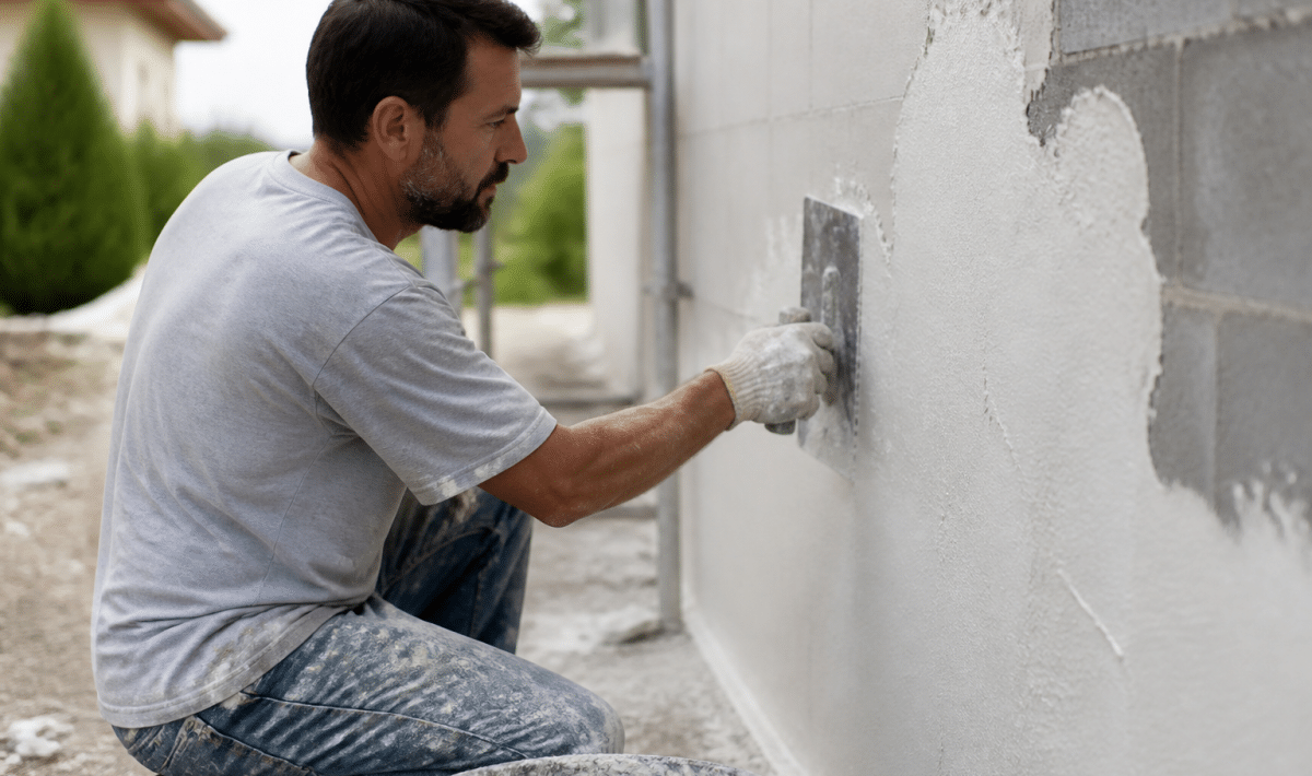 Ouvrier appliquant enduit blanc sur mur bloc beton vertical