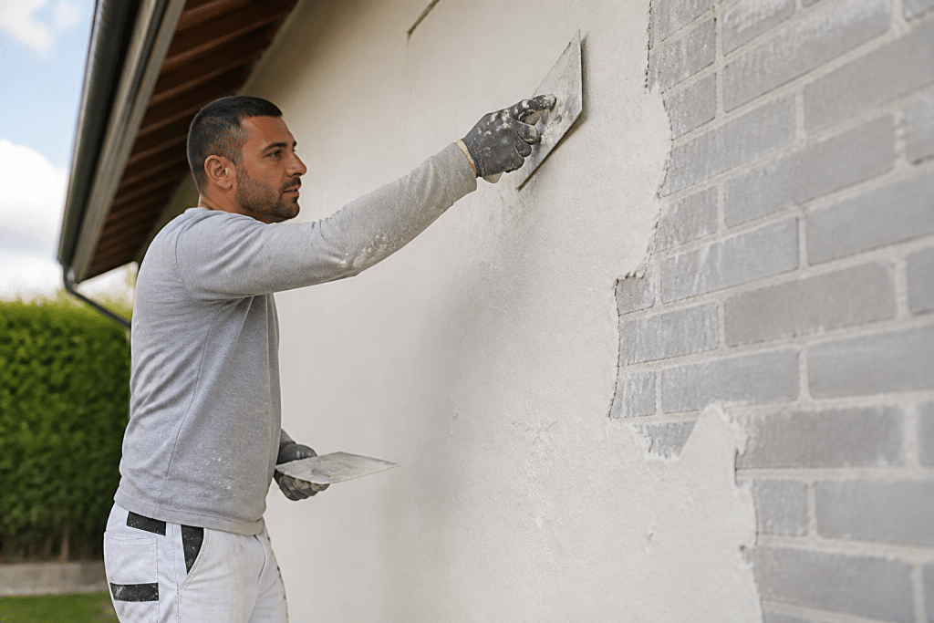 Ouvrier appliquant enduit blanc sur mur brique grise