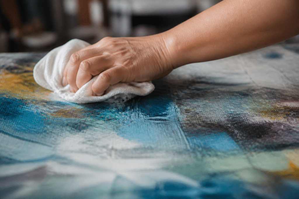 Chiffon humide applique sur peinture acrylique seche