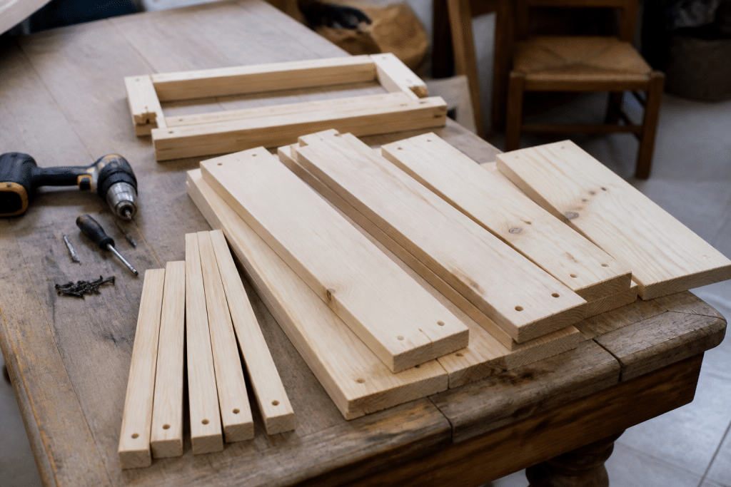 Outils et planches bois assembles progressivement etape par etape