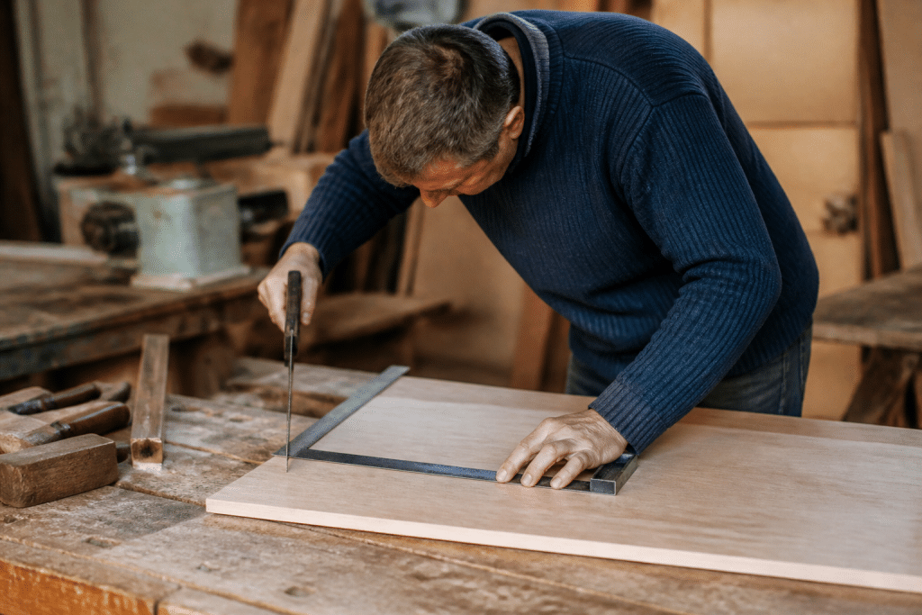 Artisan traçant dimensions panneau avec équerre et scie