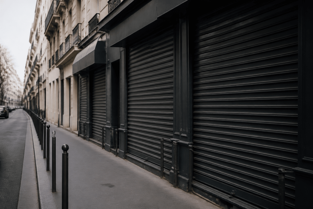 Devantures fermees avec volets baisses dans rue urbaine