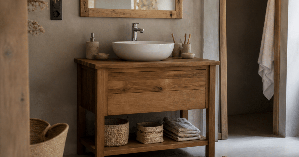 Meuble en bois massif supportant lavabo et miroir salle bain