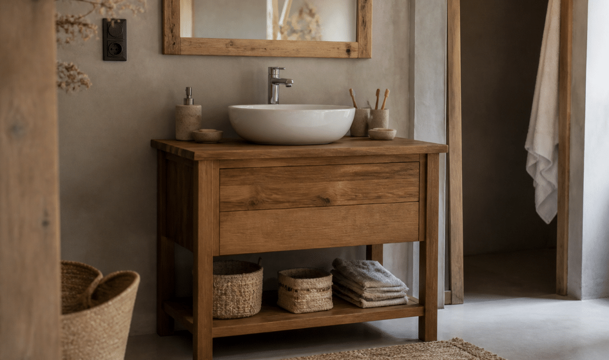 Meuble en bois massif supportant lavabo et miroir salle bain