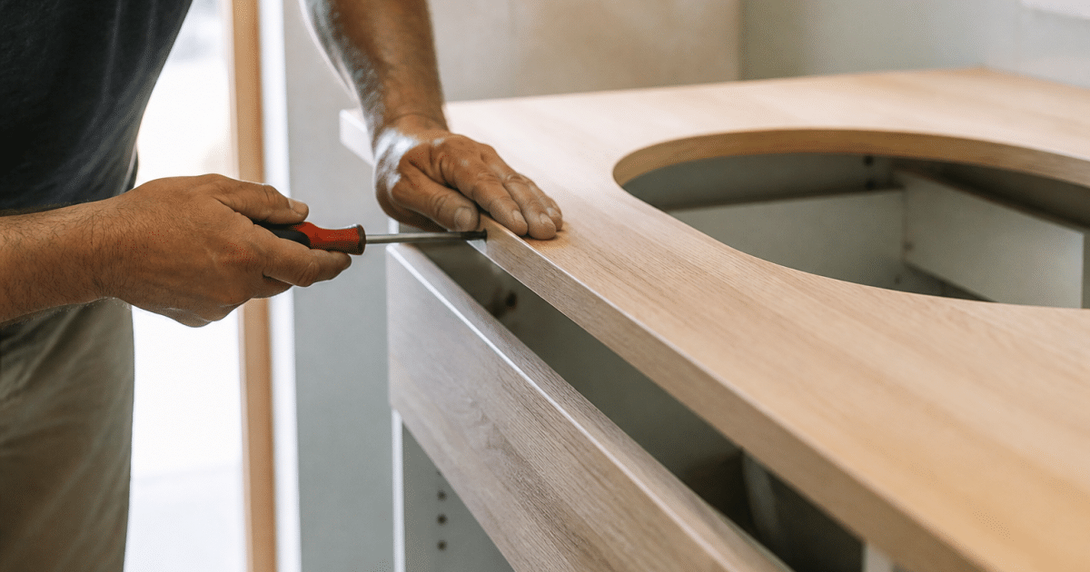 Mains construisant meuble lavabo avec plan travail bois
