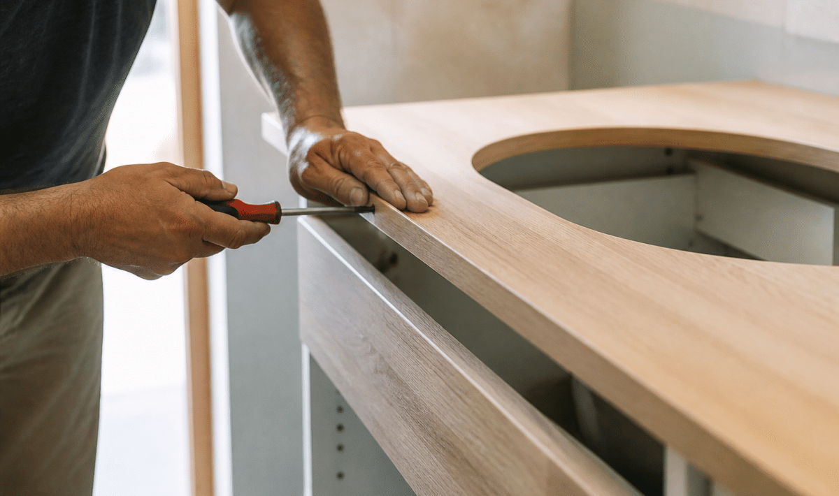 Mains construisant meuble lavabo avec plan travail bois