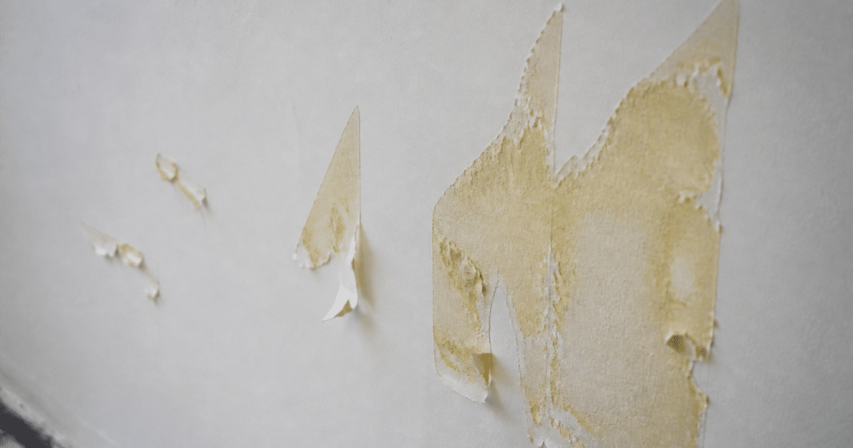 Mur blanc avec résidu colle jaune décollé partiellement
