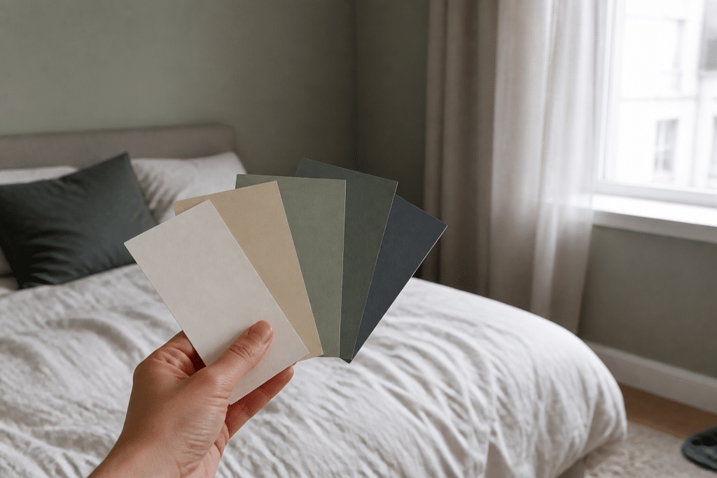 Nuancier couleur testé à la lumière naturelle d'une chambre