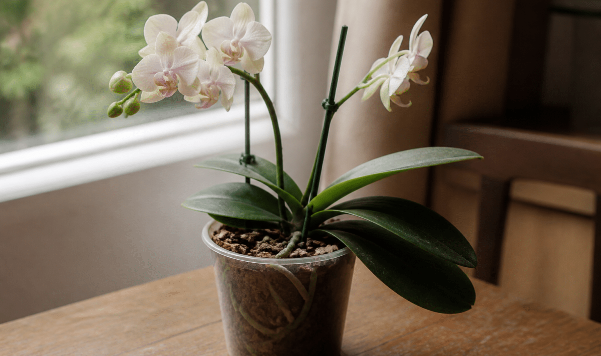 Orchidee en pot avec terreau universel brun clair
