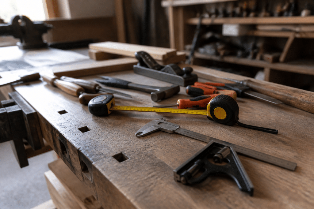 Outils de bricolage et materiel de mesure prepares sur etabli