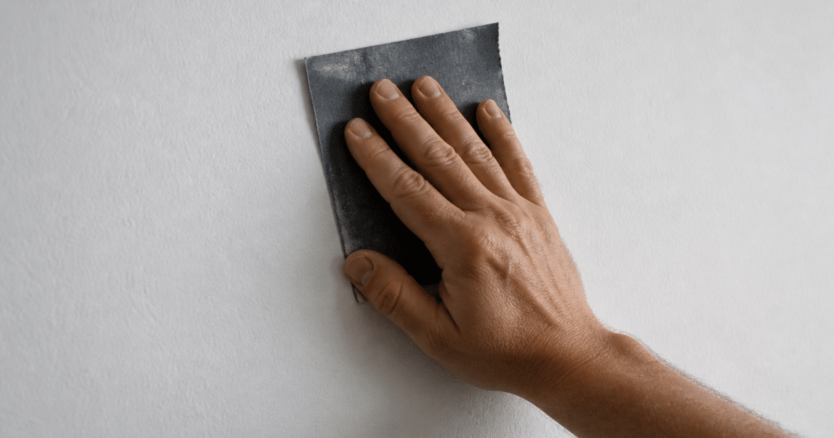 Main tenant papier abrasif gris contre surface murale blanche