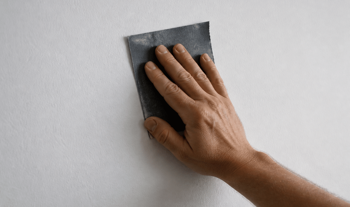 Main tenant papier abrasif gris contre surface murale blanche
