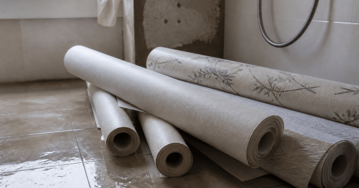 Rouleaux de papier peint decoratif poses sur carrelage humide salle bain