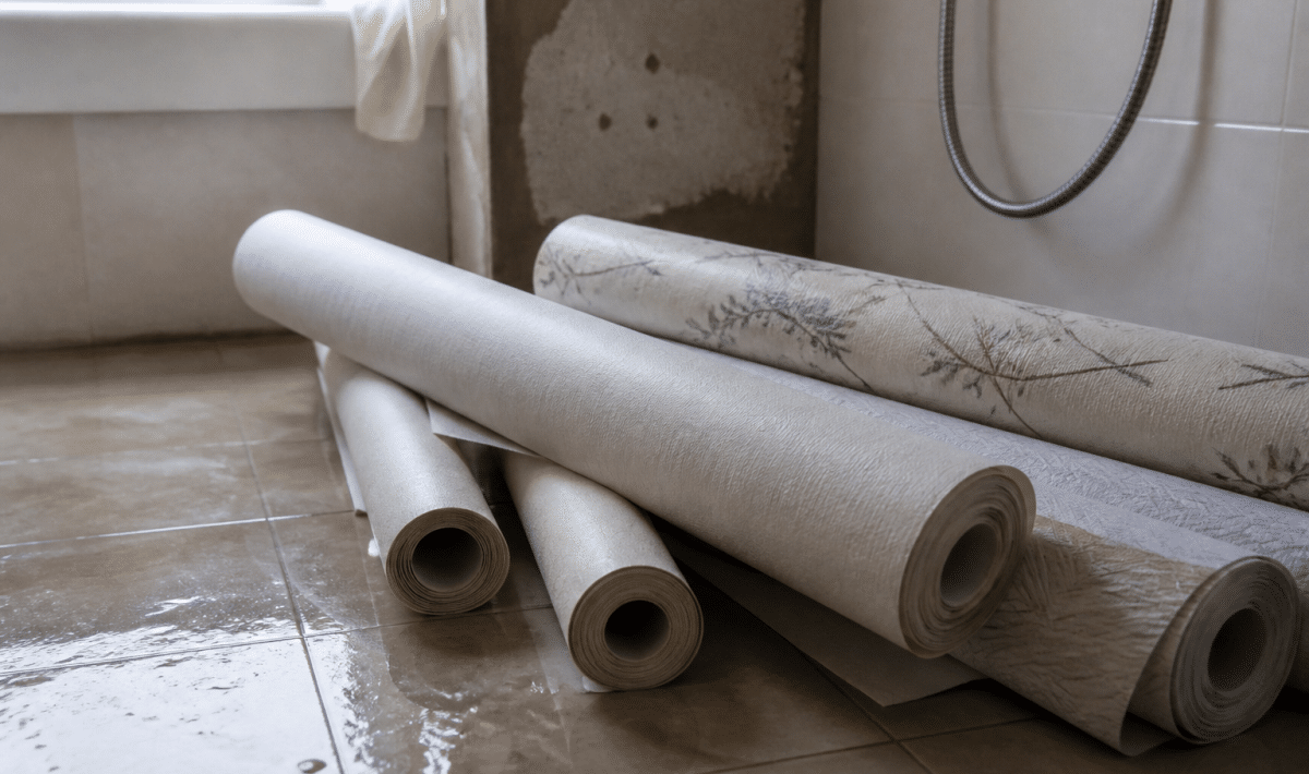 Rouleaux de papier peint decoratif poses sur carrelage humide salle bain