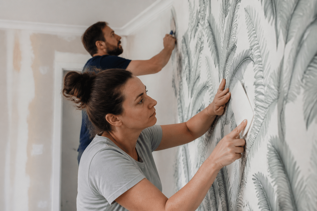 Deux personnes appliquent papier peint mural avec colle et spatule