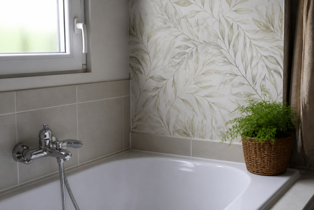 Papier peint vinyle applique pres carrelage baignoire