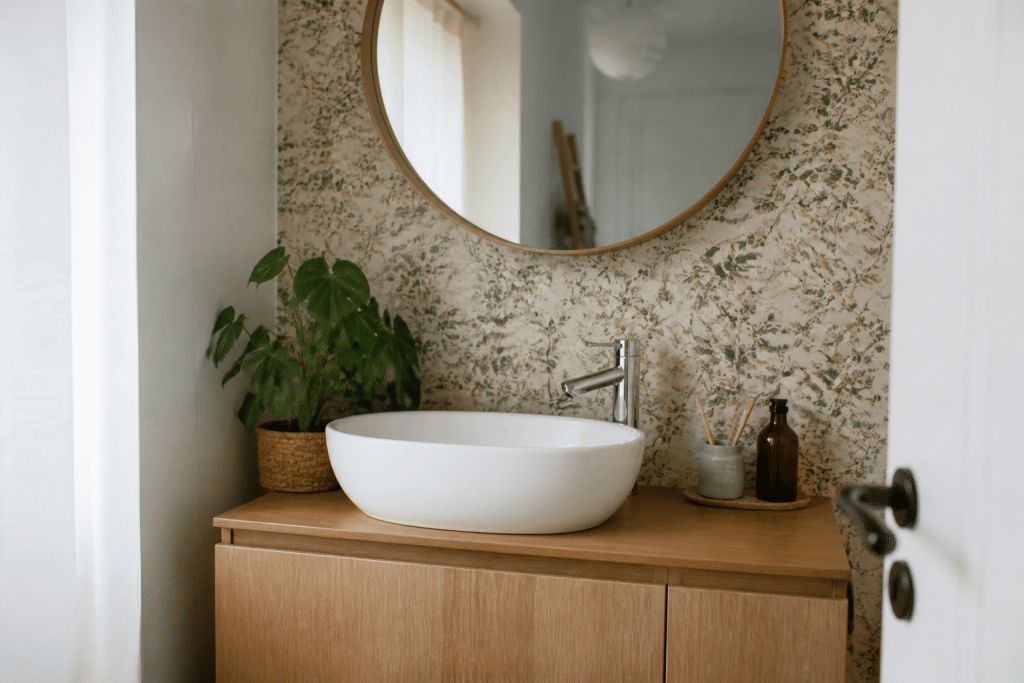 Salle bain mur blanc papier peint motif derrière lavabo