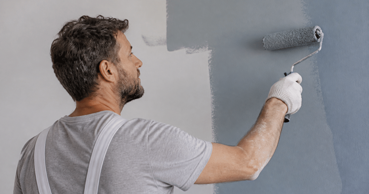 Peintre appliquant peinture murale sur surface verticale avec rouleau