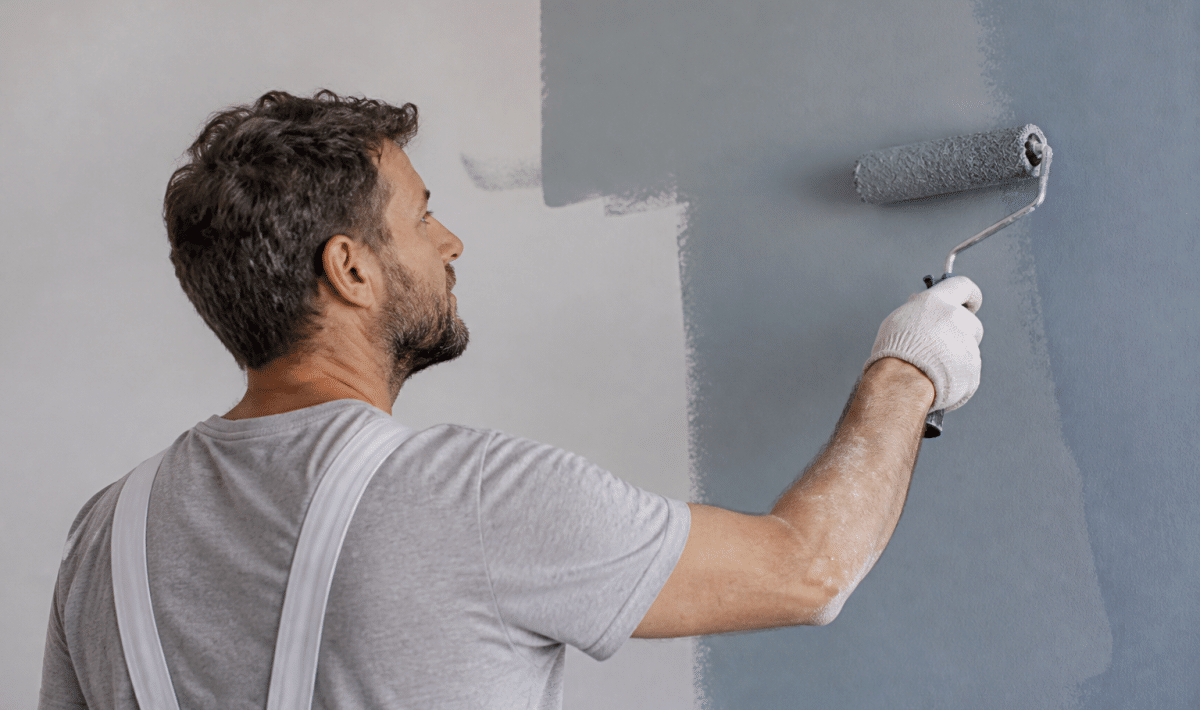 Peintre appliquant peinture murale sur surface verticale avec rouleau