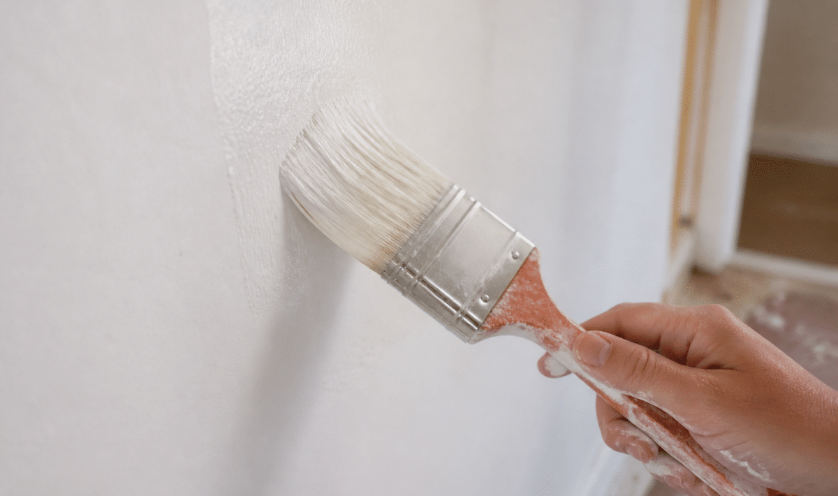 Pinceau appliquant peinture uniformement sur surface murale blanche