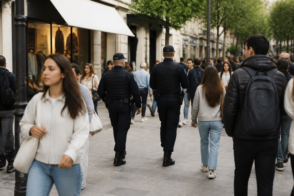 Place animée avec commerces, passants et surveillance policière visible