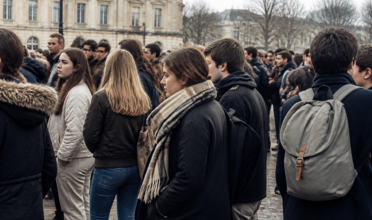 Foule de personnes debout sur place publique Saint-Louis