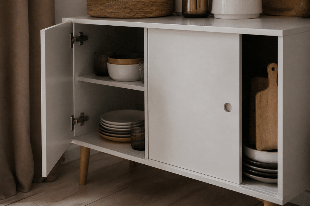 Portes battante et coulissante sur meuble blanc