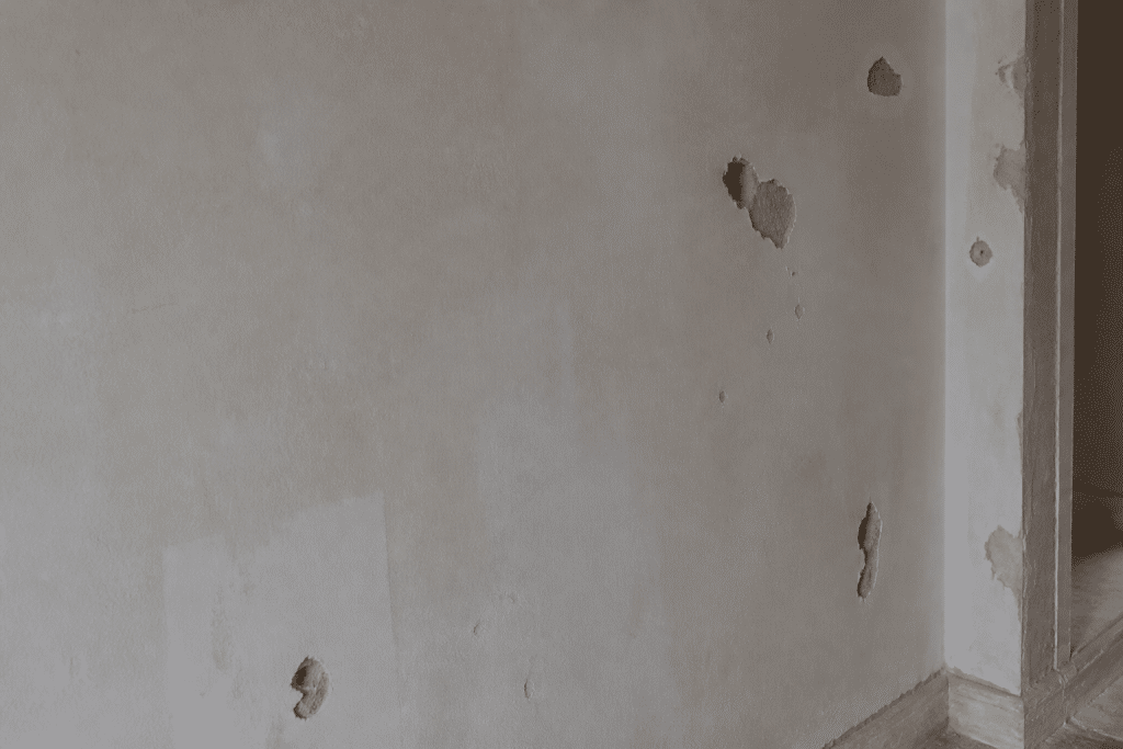 Mur gris poussiéreux avec trous avant application peinture