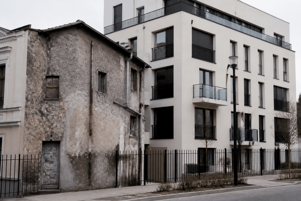 Immeuble delabré gris à côté batiment rénové moderne