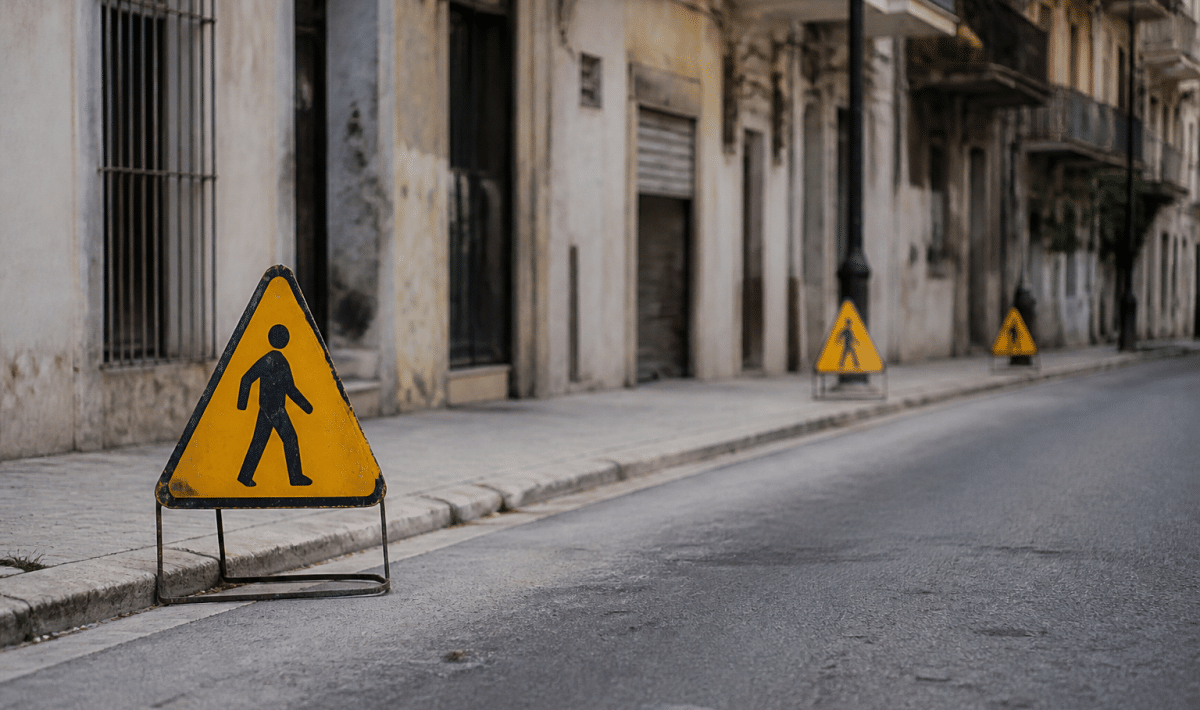 Panneaux d'avertissement jaunes installes dans rue urbaine desertes