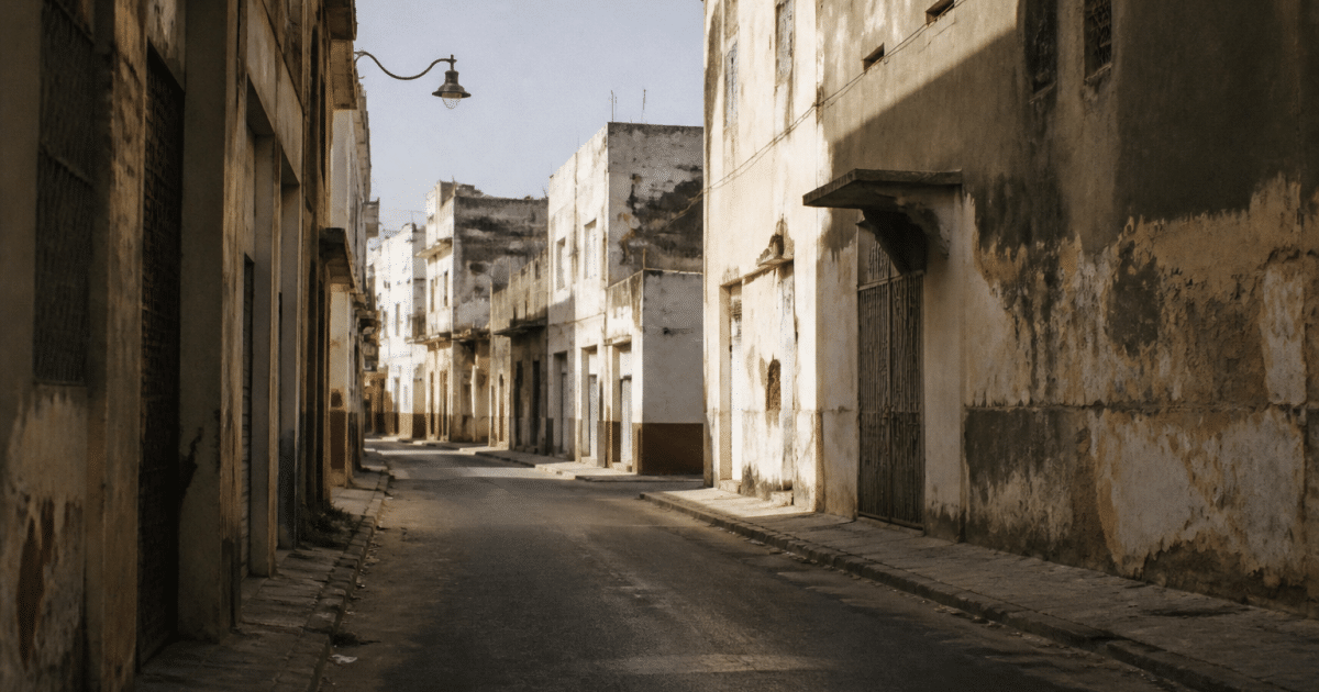 Rues desertes de quartier urbain avec batiments deteriores