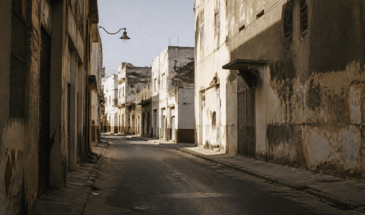 Rues desertes de quartier urbain avec batiments deteriores