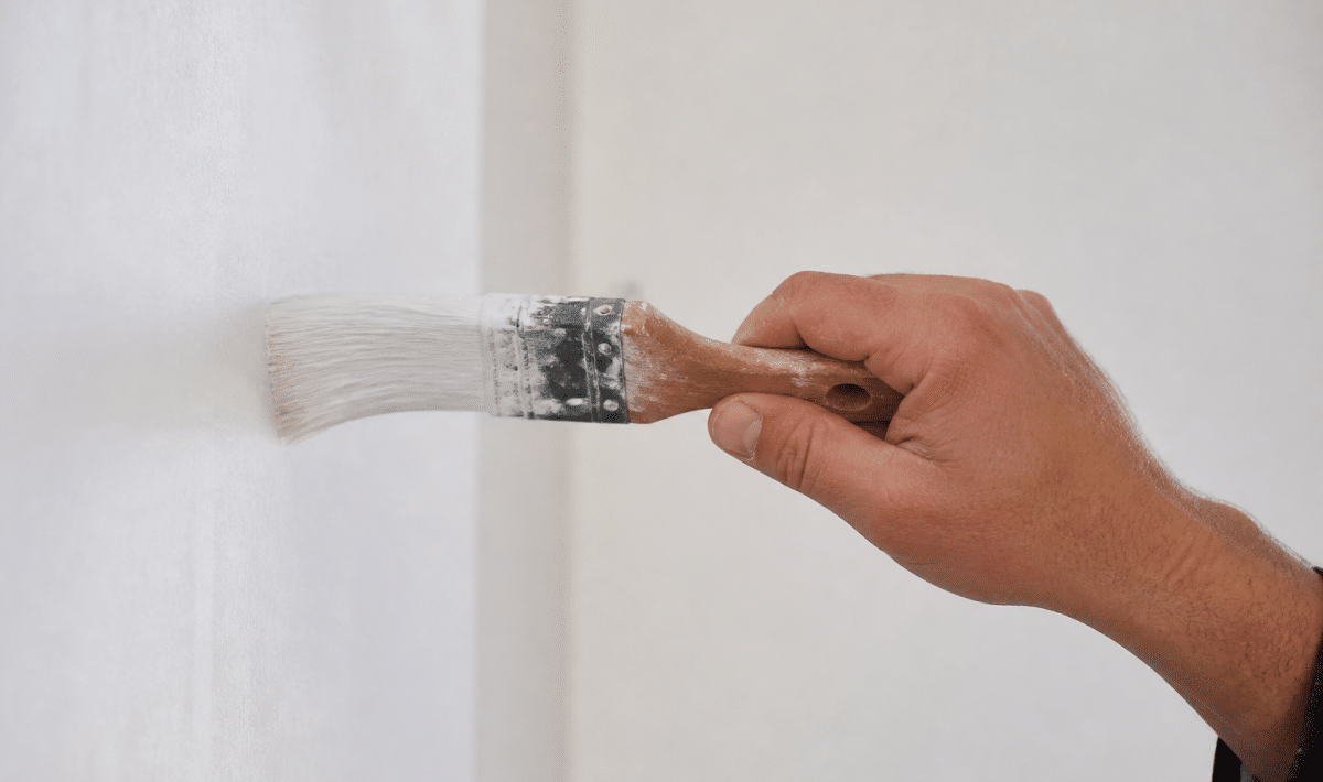 Pinceau applicateur tendu horizontalement contre surface murale blanche