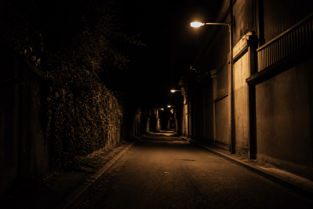 Rue secondaire sombre avec lampadaires espacés la nuit
