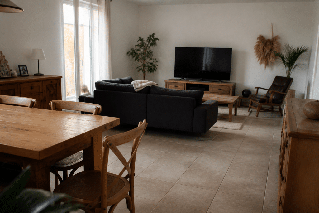 Salon et salle a manger avec meubles bois assortis