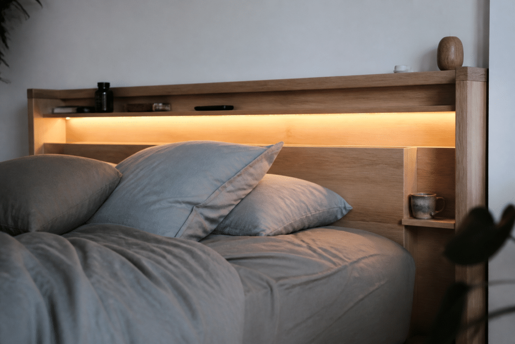 Tete de lit bois avec eclairage LED et etagere rangement
